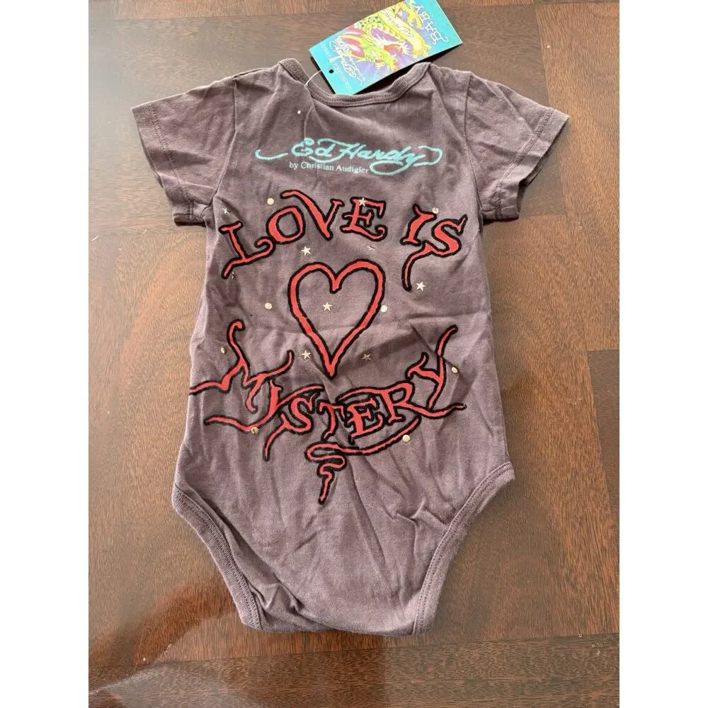 Ed Hardy Vintage 9/12 Months Romper Love Is Mystery Panther Roses